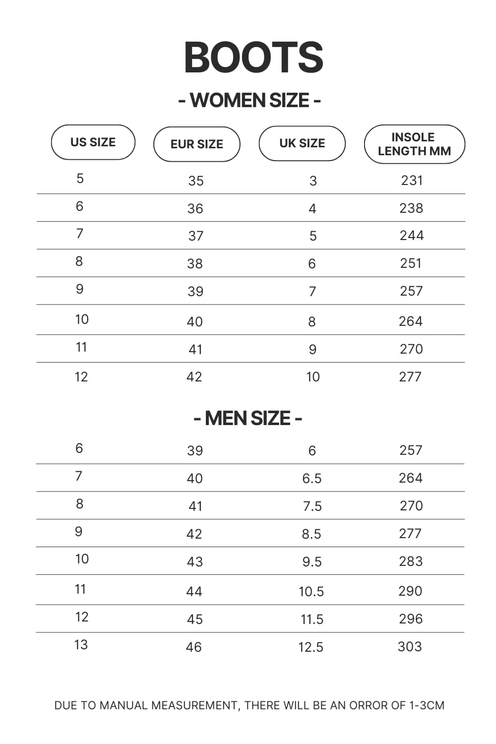 Boots Size Chart - Haikyuu Store