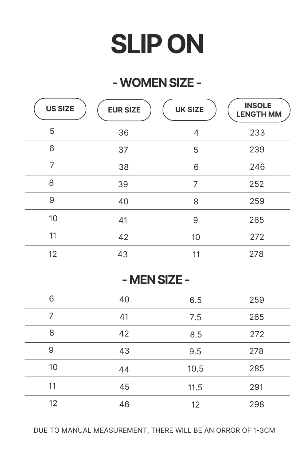 Slip On Size Chart - Haikyuu Store